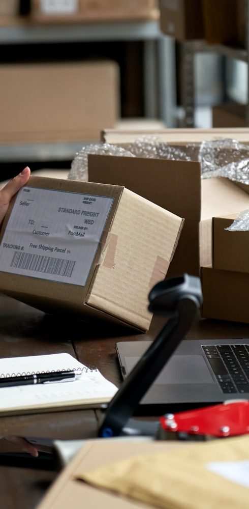 Female seller scanning ecommerce shipping box in dropshipping warehouse.